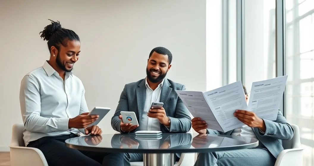 Financial advisor reassuring two clients over a tablet showing a neutral credit gauge while clients check a phone and loan summaries in a modern office