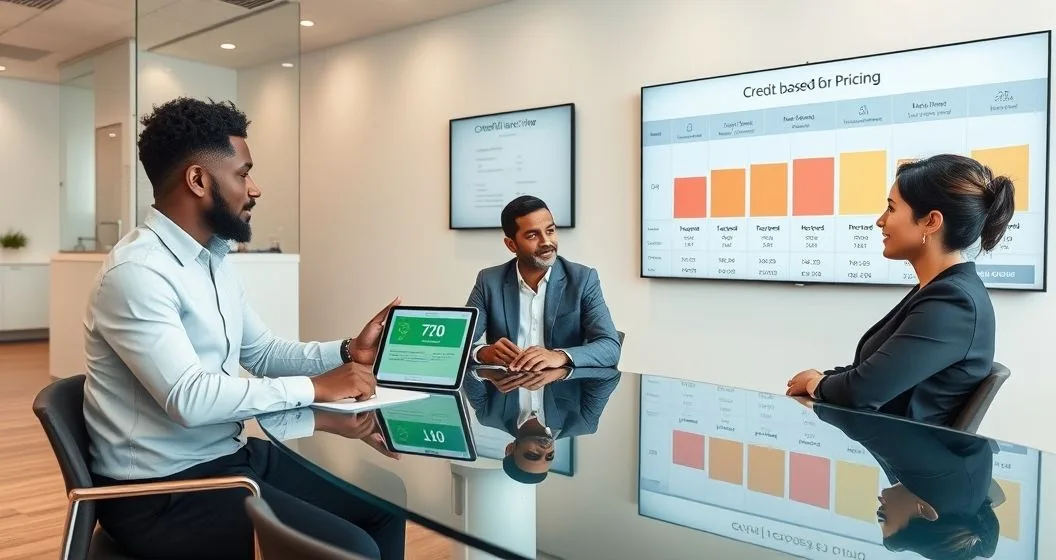 Loan officer pointing to a tablet showing a credit score 720 while clients view a monitor illustrating a risk based pricing scale linking credit score income and debt to interest rate tiers in a modern office.