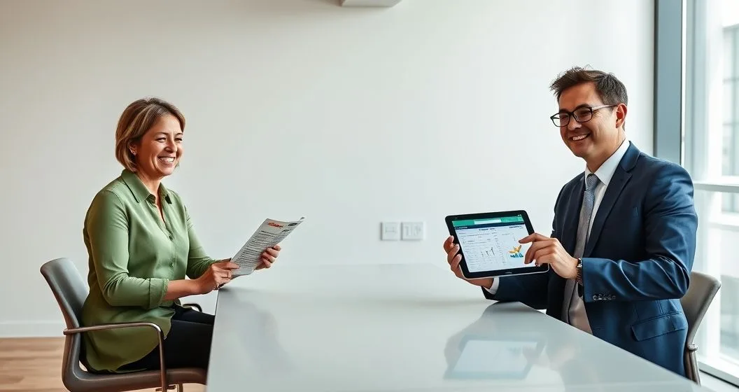 Borrower comparing a credit union advisor and a bank advisor at a modern table one with warm green accents and a paper summary the other in navy showing a tablet