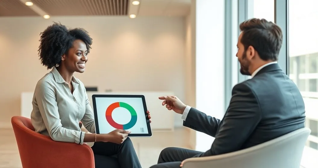Borrower and loan officer review a tablet showing a circular credit utilization gauge with a low reading suggesting improved loan approval chances in a modern bank office