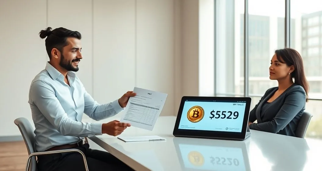 Payroll manager hands a W-2 to an employee while a tablet shows a crypto coin icon and a dollar value in a modern office