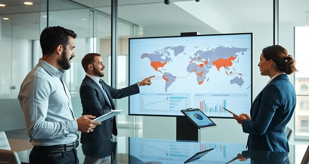 Portfolio manager and analysts reviewing a world map and dual charts showing hedged and unhedged equity returns in a modern conference room