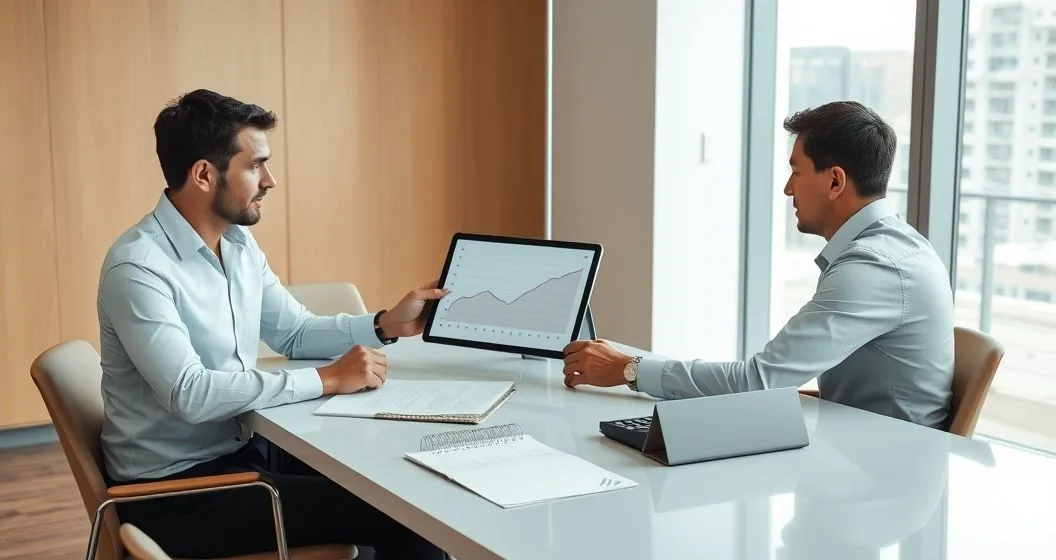 Tax advisor points to tablet showing a rising daily interest chart with a calendar, calculator, and tax notice on a conference table.