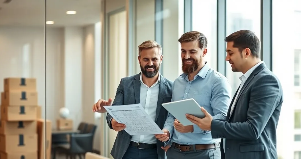 Diverse homebuyers meet with a mortgage advisor at a conference table reviewing documents and a tablet about a postponed closing with moving boxes blurred behind them.