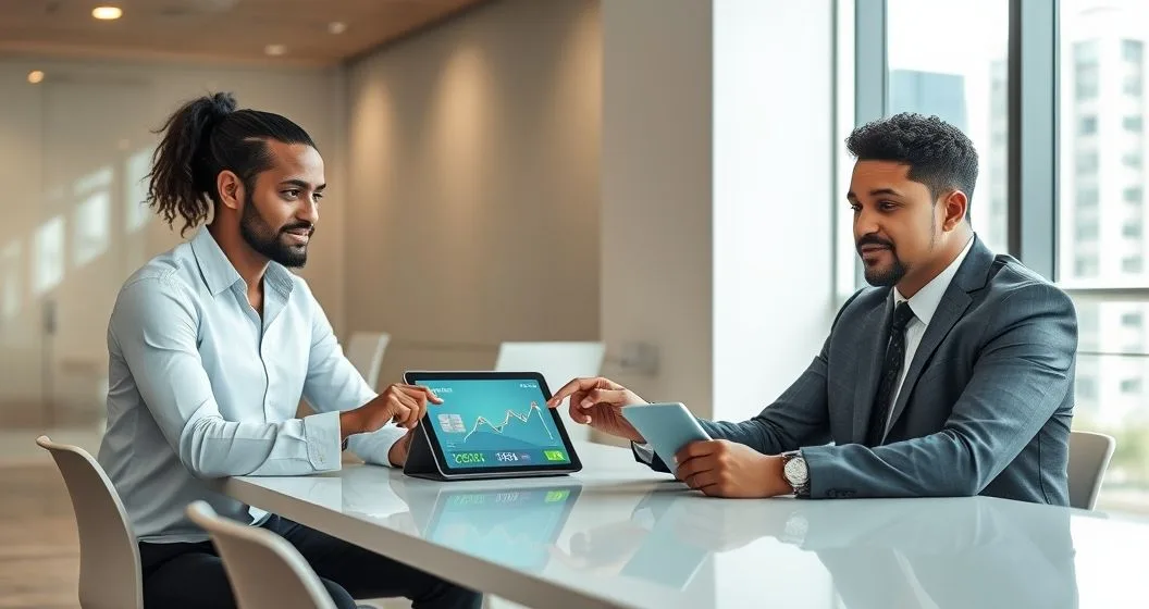 Advisor showing tablet with credit cards merging into single loan and a credit score gauge dipping slightly