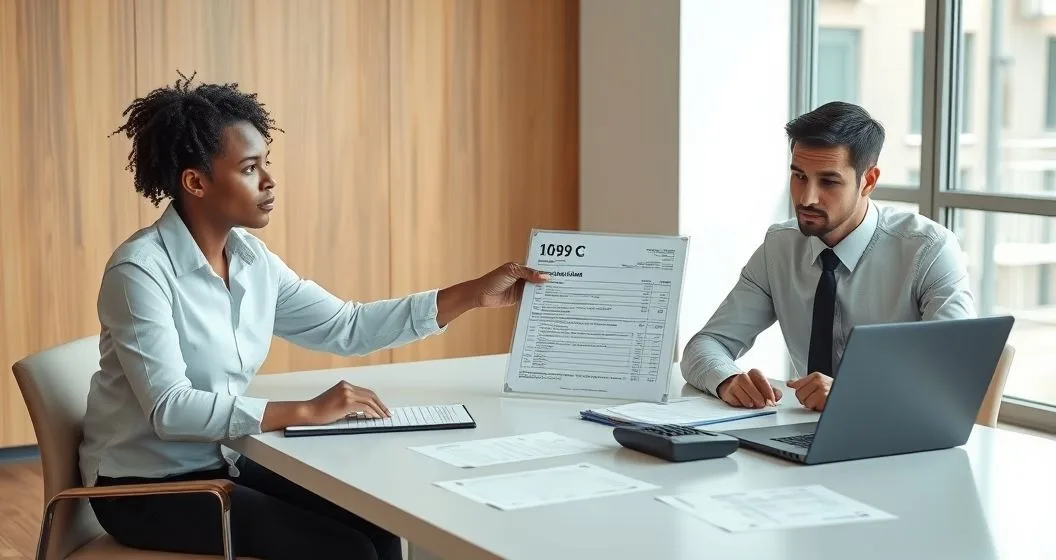 Advisor showing a 1099 C cancellation of debt form to a borrower in a modern office discussing tax consequences