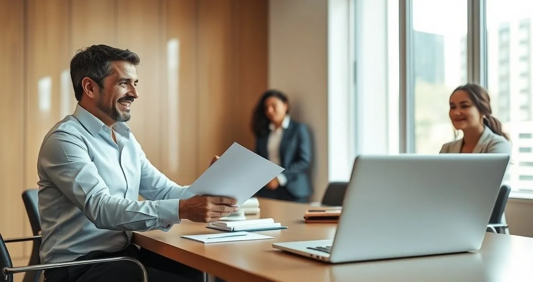 Financial counselor hands a sealed folder to a relieved small business owner in a municipal office with diverse professionals observing