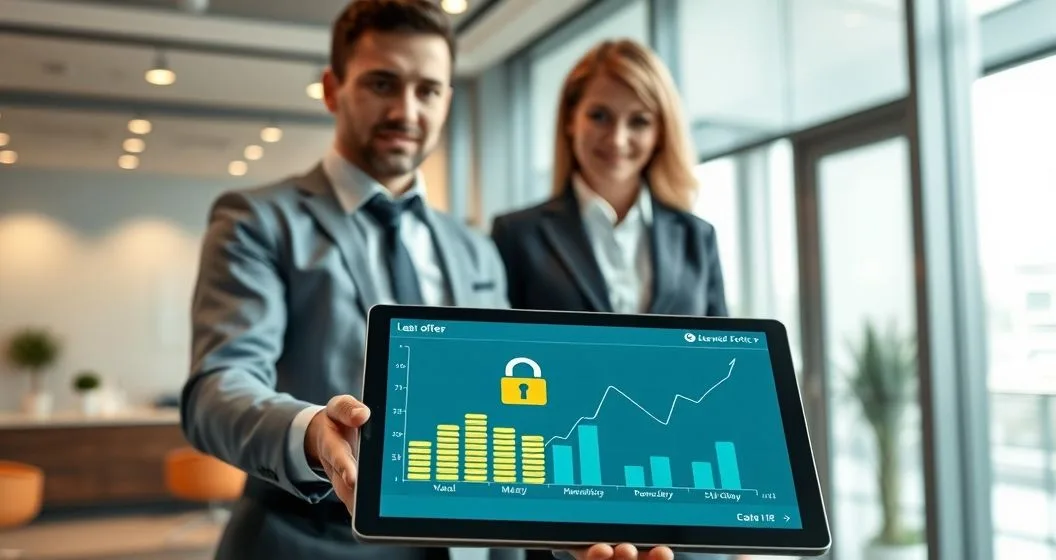 Loan officer and commercial borrower reviewing a tablet showing a padlock icon over stacked coin charts and a timeline of monthly payment markers representing reserved funds in a modern conference room