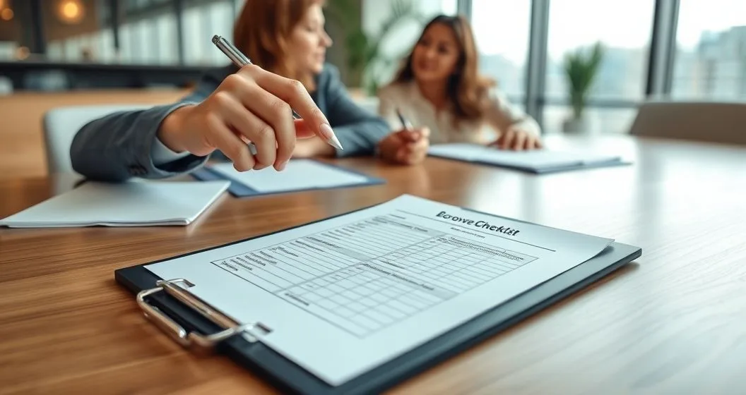 Financial advisor pointing at a two column checklist on a clipboard comparing settlement and modification while a diverse couple listens in a modern office