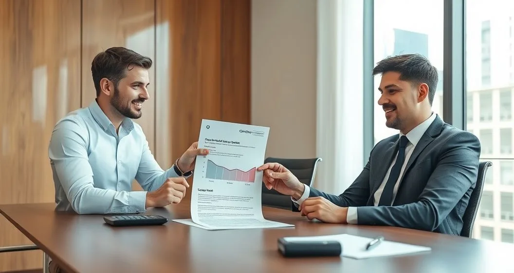 Financial advisor and client reviewing a contract and a chart showing original debt and reduced balance in a modern conference room