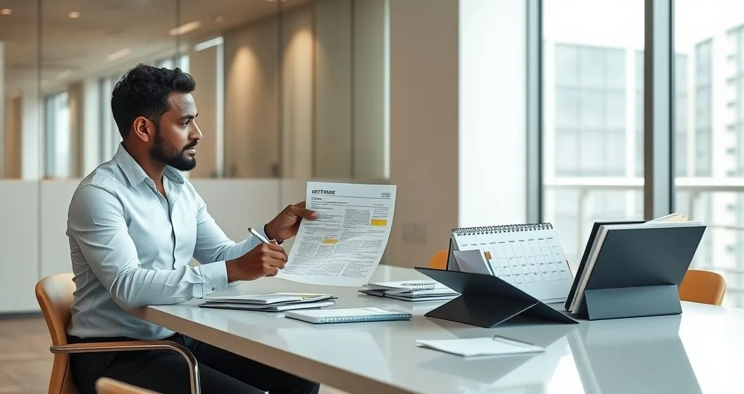 Tax professional points to a printed audit notice while a taxpayer takes notes at a tidy conference table with folders and a calendar showing a deadline