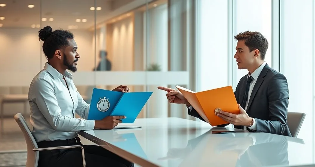Borrower listening to two advisors in a modern office comparing two folders one showing a paused clock and flat coins and the other showing growing coins