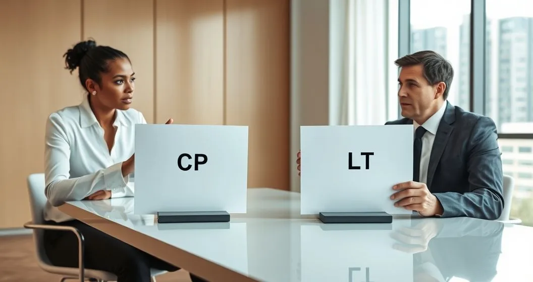 Tax advisor explaining two letters labeled CP and LT to a client in a modern office, illustrating routine notice versus serious collection notice.