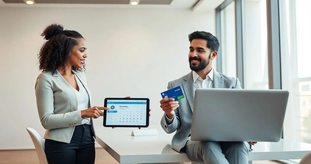 Two tax professionals compare an automatic bank withdrawal icon on a tablet with a manual payment shown on a laptop in a modern conference room