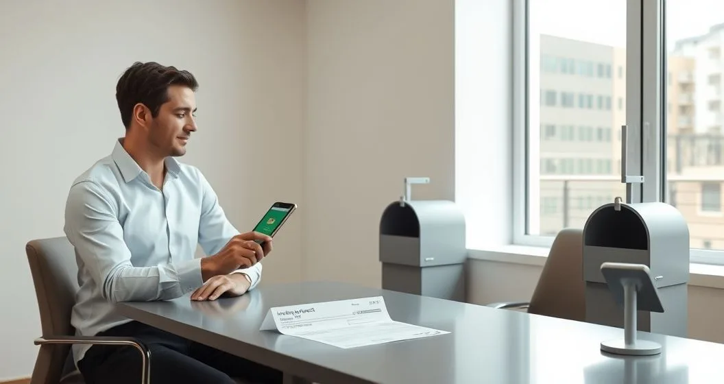 Tax professional shows smartphone with deposit animation while a paper check rests on desk indicating slower mailed refund
