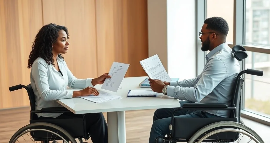 Financial counselor explaining disability loan discharge to a borrower in a wheelchair with medical and government documents on a neat conference table