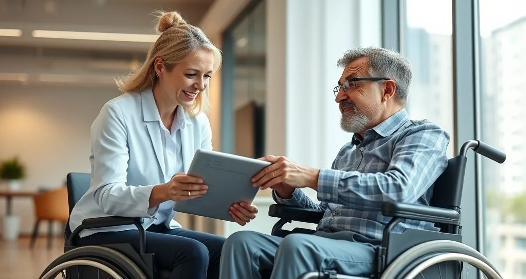 Financial counselor and borrower in a wheelchair at a clean office table. Counselor points to a tablet displaying loan discharge documents and the borrower looks relieved.