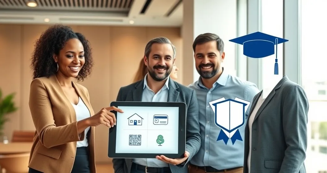 Financial advisor explains loan discharge to a diverse family using tablet icons for home car credit and student loans with a protective shield symbol in a modern office.