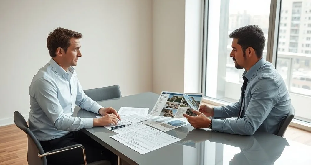 Tax advisor and small business owner reviewing disaster damage documents and insurance photos at a conference table in a modern office