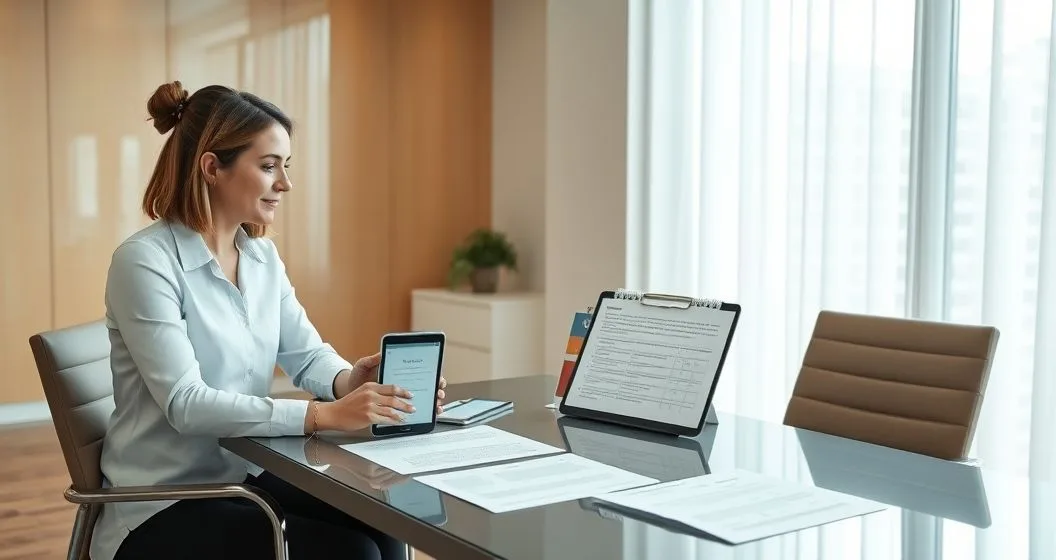 Financial counselor and borrower reviewing a step by step disability loan discharge checklist on a tablet with medical documents on a clean conference table