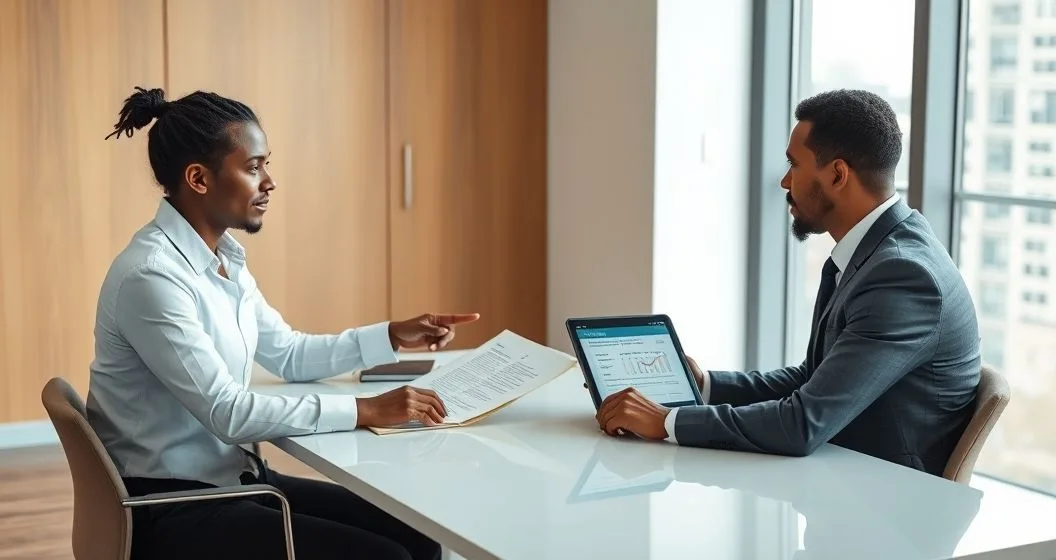 Bankruptcy attorney explains legal process to a borrower in a modern office, pointing to documents and a tablet with a court timeline