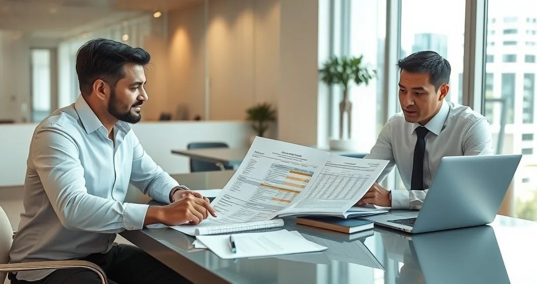 Underwriter and loan officer pointing to highlighted disputed items on a printed credit report at a conference table with a borrower and a laptop.