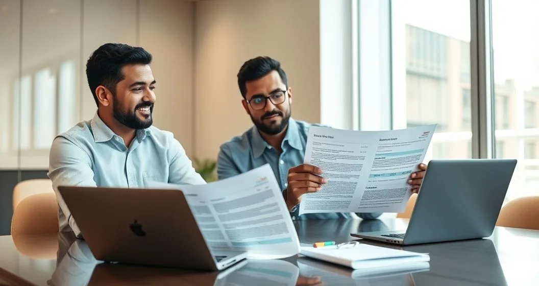 Two professionals at a conference table reviewing a business credit report and exchanging supporting documents