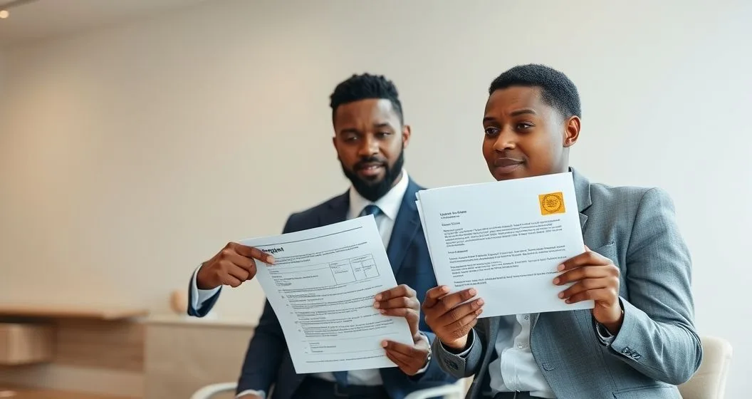 Advisor and client reviewing a credit report while preparing a dispute letter and certified mail envelope