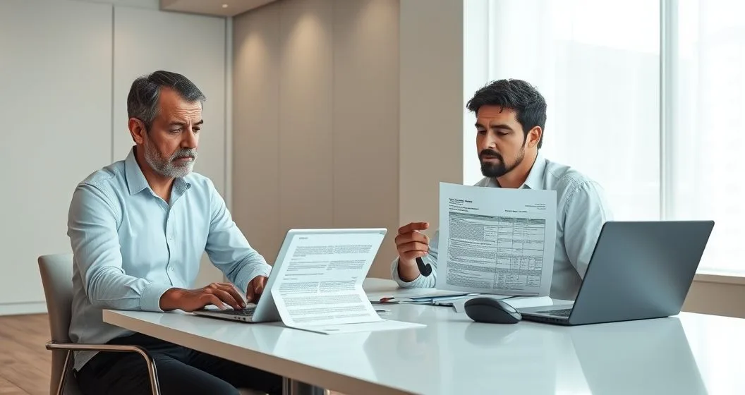 A taxpayer and a tax advisor at a modern conference table review an offset notice on a laptop and a printed government letter while the advisor points to a filled tax form and a phone.