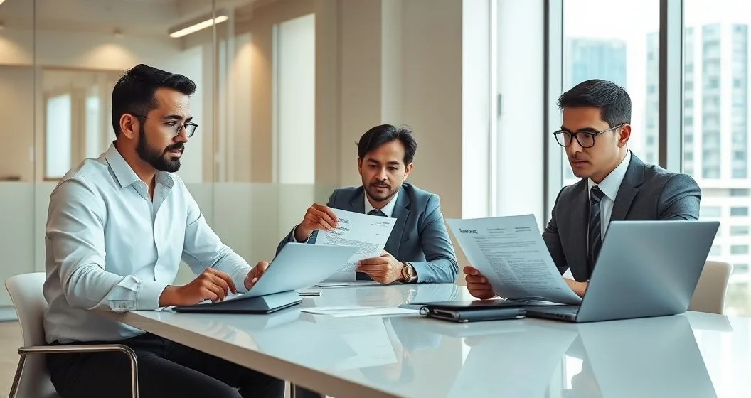 Taxpayer and advisors reviewing a Treasury offset notice at a conference table with a laptop showing a dispute being drafted