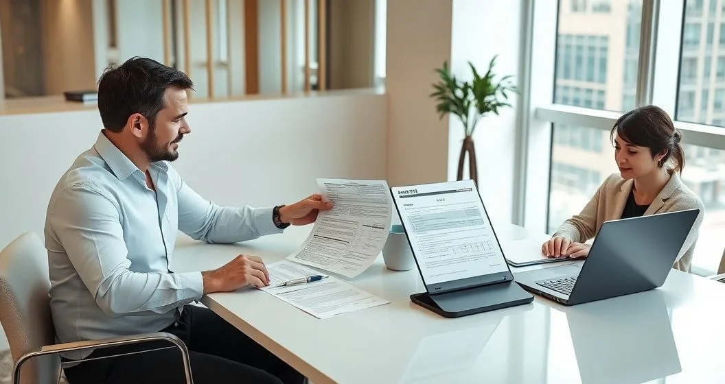 Tax advisor and client reviewing Form 8379 and a timeline checklist in a modern office