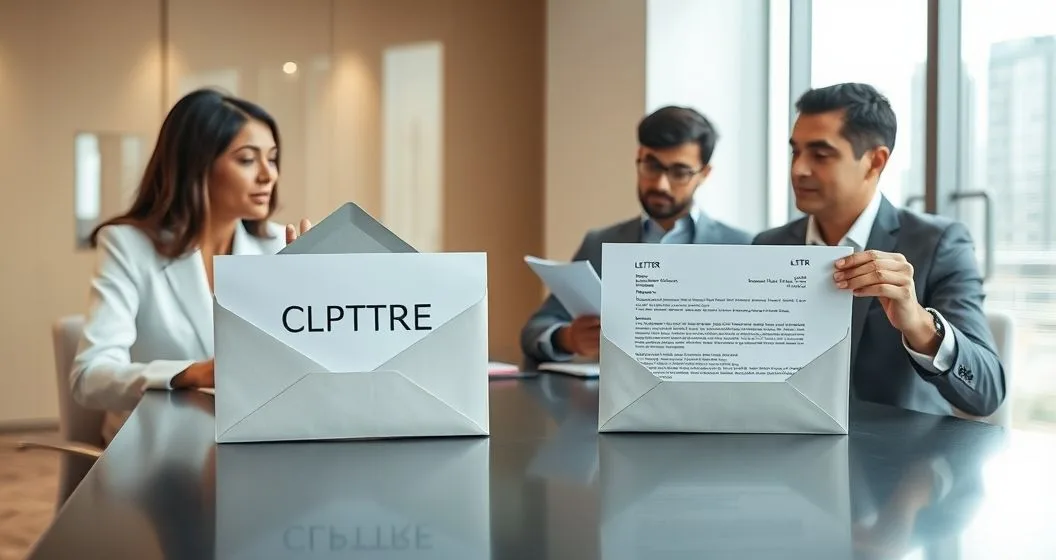 Tax advisor pointing to two envelopes and open documents labeled CP Notice and LT Letter while a diverse couple listens at a minimalist conference table