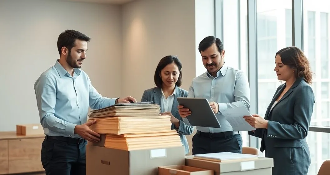 Three professionals sorting file boxes and scanning records in a modern office to create secure audit ready archives