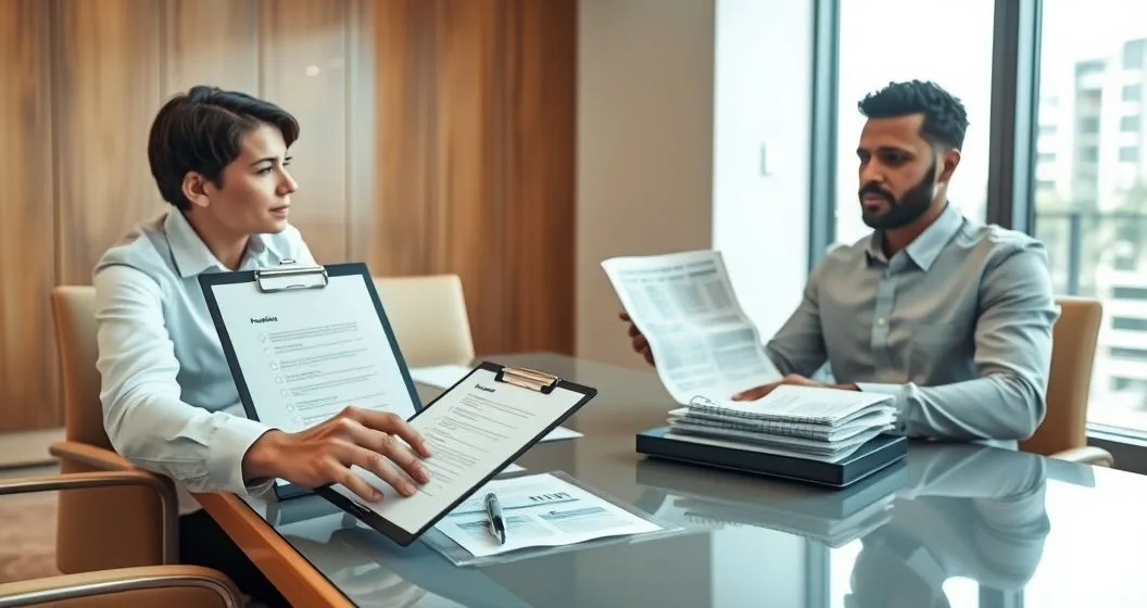 Loan officer and small business owner reviewing a checklist on a clipboard with bank statements and tax returns on a tidy conference table