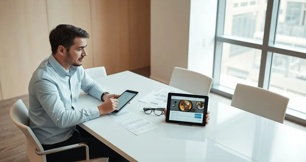 Two professionals at a conference table reviewing receipts and an expense log on a tablet with a smartphone photo of a business dinner