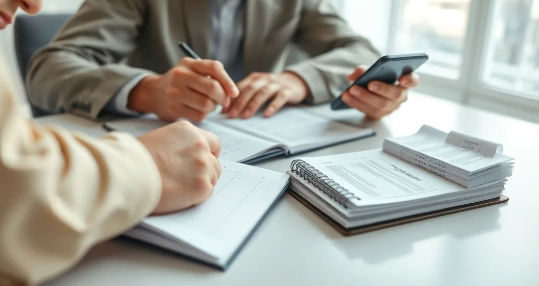 Close up of a hand filling a mileage log while two professionals review a smartphone route and receipts on a tidy office desk