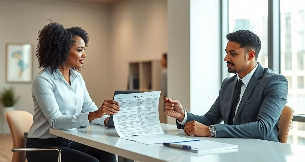 Tax professional and client at a minimalist desk placing a corrected W-2 alongside a completed Form 1040-X with a laptop nearby