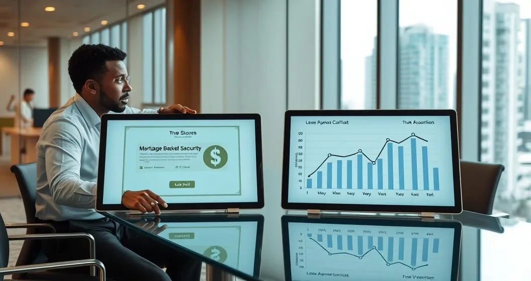 Two professionals compare a diagram of a dollar roll MBS trade with a descending loan amortization graph on side by side screens in a modern conference room
