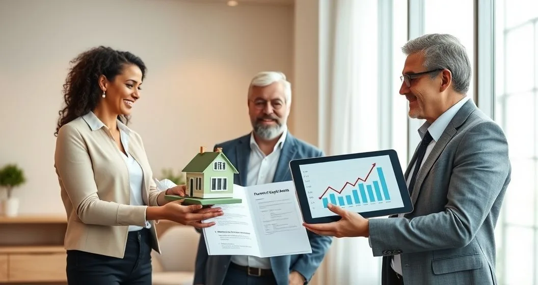 Advisor and couple donate a small house model and stock certificates to a charity representative while viewing a tablet with an upward chart