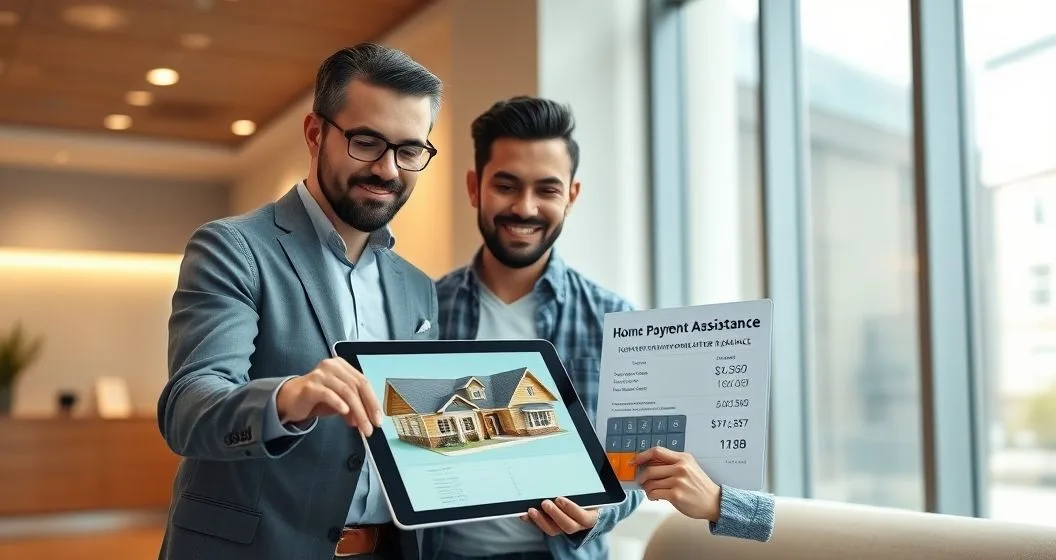 Mortgage officer showing a tablet with a house model and layered documents to a couple in a modern office illustrating down payment assistance affecting loan approval