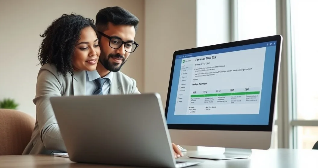 Tax advisor and client looking at a laptop displaying a digital Form 1040 X e filed confirmation and a short processing timeline indicating faster amended return handling