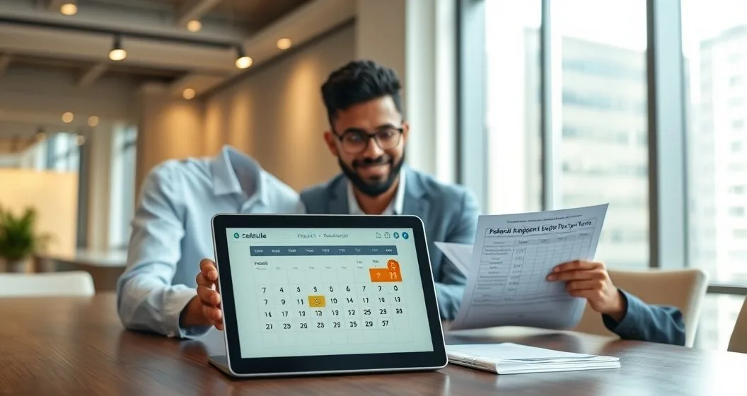 Payroll manager and colleague at a conference table scheduling a federal employment tax payment on a laptop showing a highlighted deposit date and confirmation check while reviewing a printed deposit schedule.