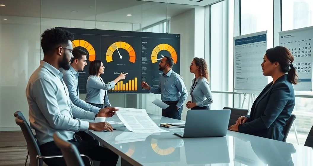 Diverse financial team in a conference room pointing at a digital dashboard showing yellow and red warning gauges while reviewing a loan agreement and calendar to identify covenant triggers