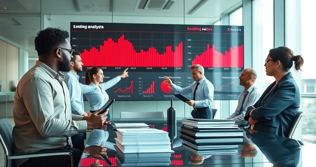 Lending analysts pointing at a dashboard with red highlighted charts for declining cash flow rising debt ratios and delinquency trends