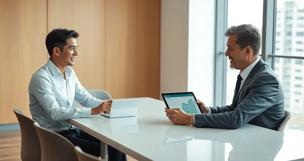 Borrower handing an extra payment to a financial advisor at a modern desk while a tablet displays a declining interest graph