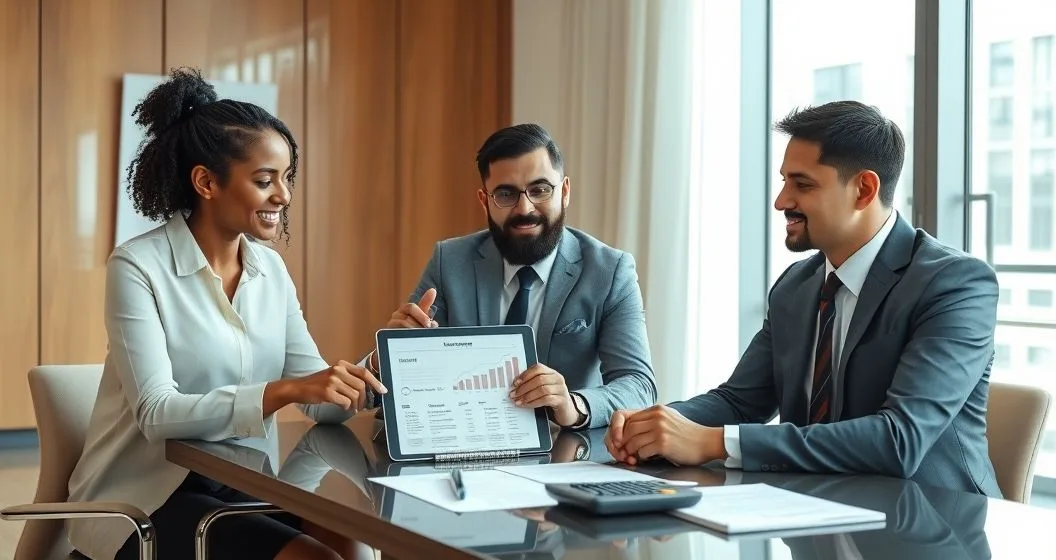 Three professionals in a modern conference room reviewing a tablet showing a repayment timeline and loan comparison with papers and a calculator on the table