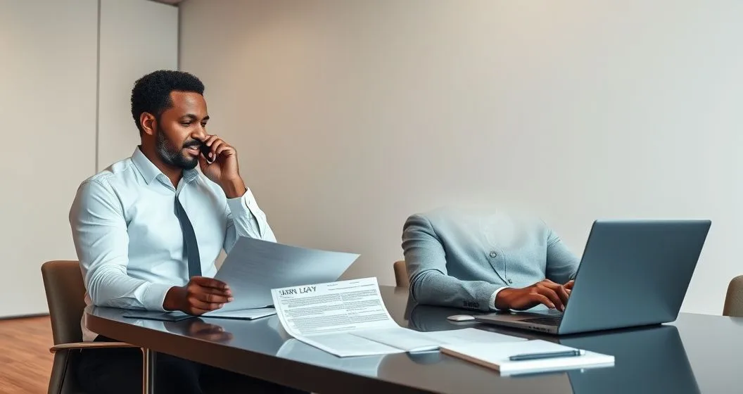 Tax advisor on phone pointing to IRS bank levy notice while client reviews bank statement on laptop in a modern conference room