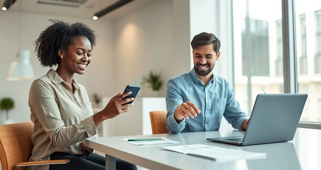Employee receives earned wage advance on smartphone while payroll manager approves transfer on tablet in modern HR office