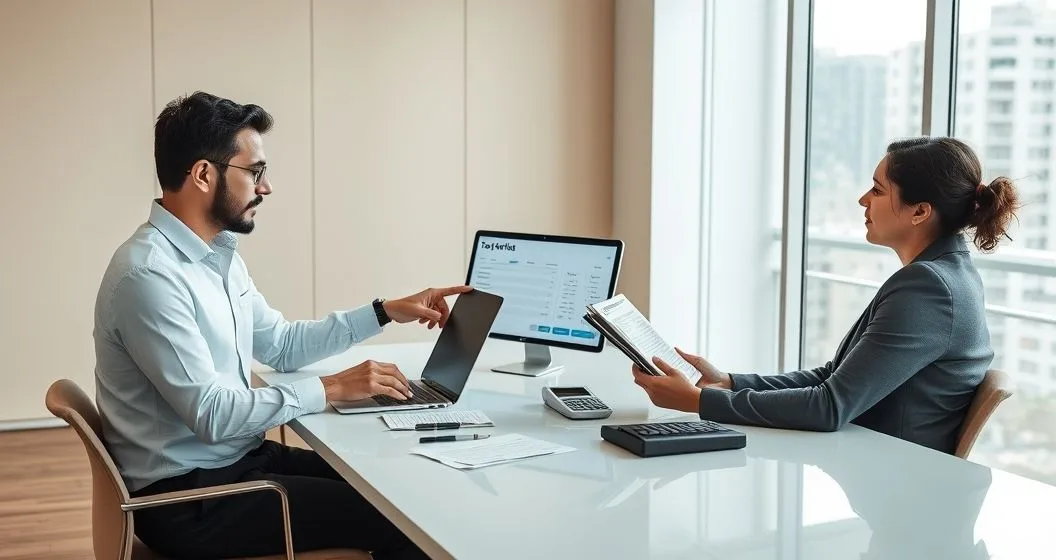 HR manager and employee reviewing laptop and tablet with loan repayment and tax documents in a modern office