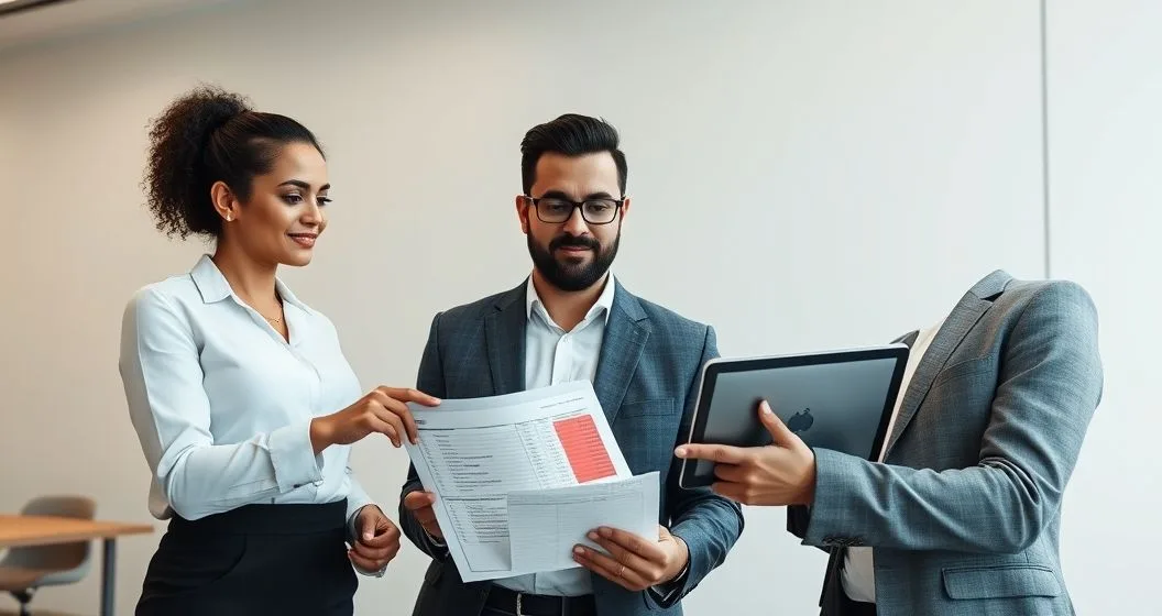 Three diverse professionals in a minimalist conference room reviewing a payroll ledger with red highlighted entries and a tablet showing red highlighted cells.